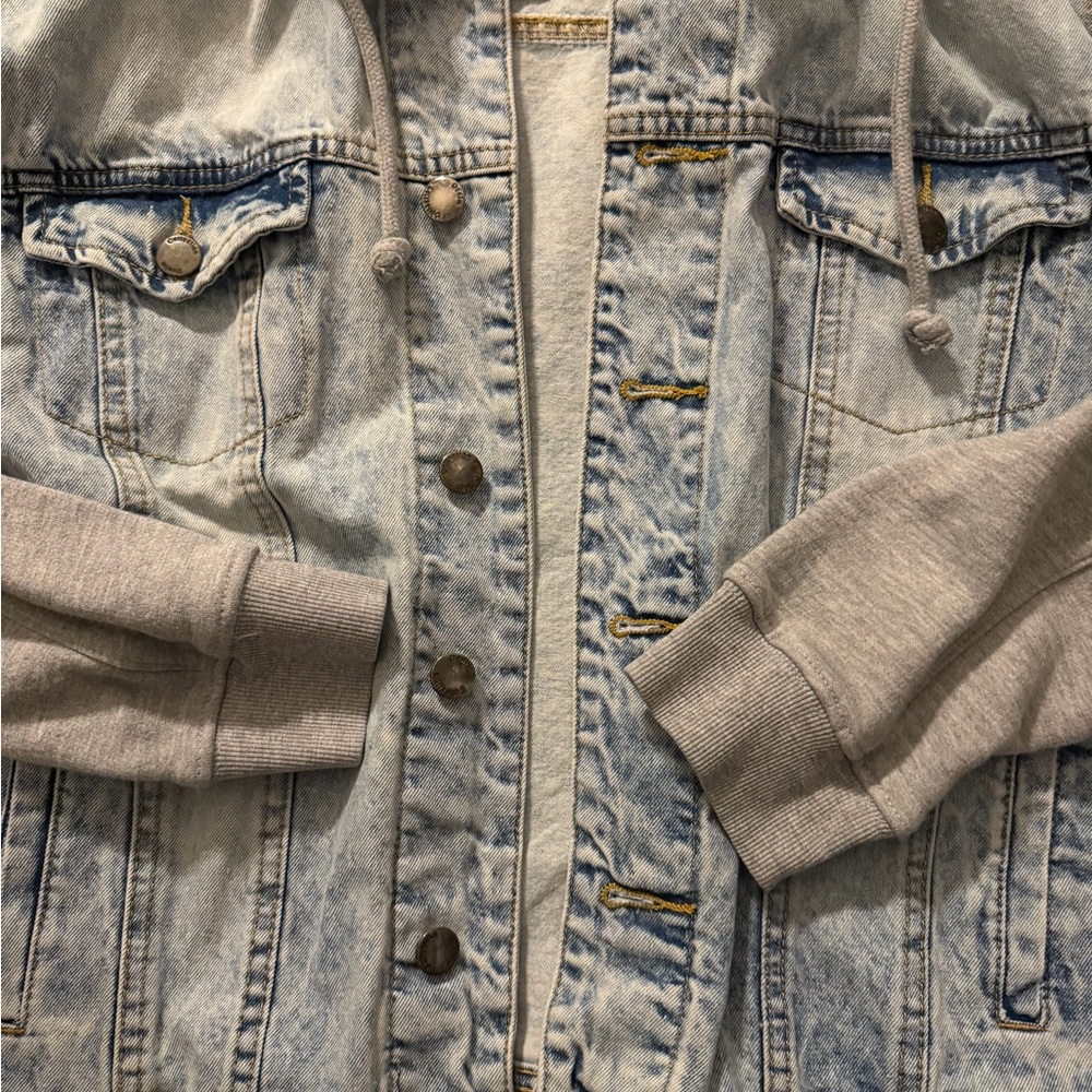 Red Label By Patrol Jeans Size Small Wash Denim Jacket Gray Hood & Sleeves Y2K - Picture 7 of 11